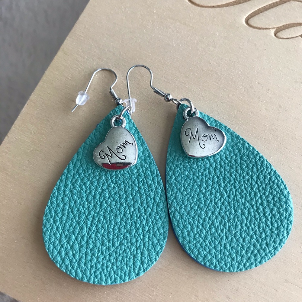 Leather “mom” earring with silver charm